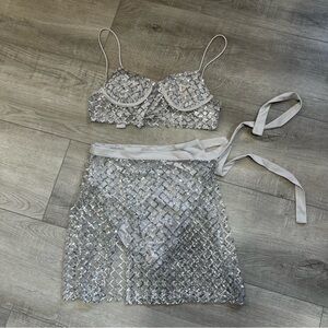Lucy In The Sky Silver Sequin Skirt & Top Set - Medium
